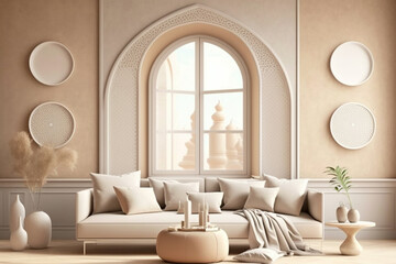 Fototapeta premium Modern minimalist, in boho style, living room in pastel beige color 3d render, generative AI