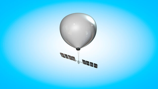 Spy balloon. Weather balloon with solar panels. View from the ground. Aerostatic balloon. 3d rendering

