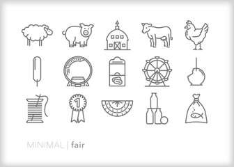 Set of fair line icons of animals, prizes, competitions and amusements found at a county or state fair