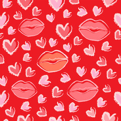 Vector Seamless Pattern with chalk drawn Red Lipstick Printing. Repeating heart and lips prints. Repeated background. Beauty backdrop. Design with symbols Love for Printed. Texture romantic concept