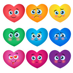 Funny Colored smiley Hearts. Cute Cartoon characters. Bright Vector set of Heart icons. Creative hand drawn hearts with different emotions. Cartoon design element for Valentines Day greeting card.