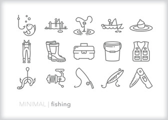 Set of fishing line icons of items for a recreational or hobby fisher to use on the water - obrazy, fototapety, plakaty