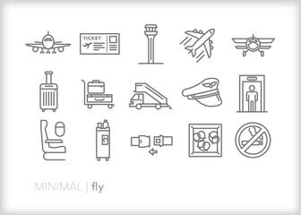 Set of flying line icons of items found at an airport or on a plane in the sky