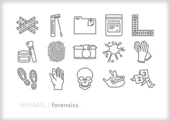 Set of forensics line icons of items and themes associated with detective investigation work