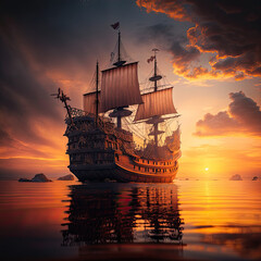 Elegant Galleon Sailing into the Sunset. Generative ai - obrazy, fototapety, plakaty