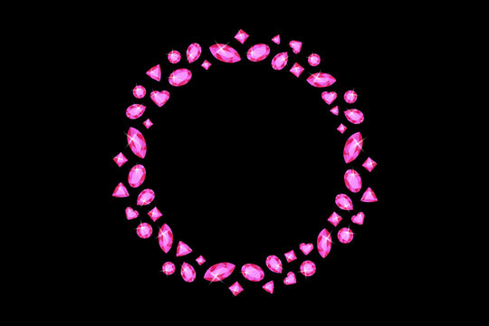 Round frame of shiny pink gems on a black background. Abstract background. vector.