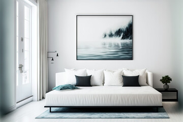 Fototapeta na wymiar Modern room design with sleeper sofa close to white wall. Additional guest space. Generative AI