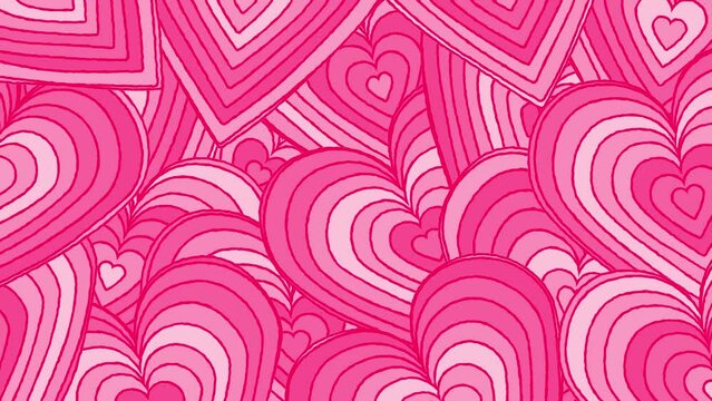 Looped cartoon abstract background of overlapping concentric pink hearts
