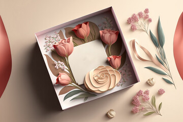 Giftbox with greeting card for Mother's Day, a birthday, or St. Valentine's Day. Concept for Valentine's Day. Background of Valentine's Day. Generative AI