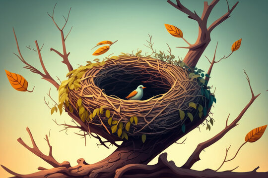 Empty Bird's nest on branches tree in the nature. Generative AI