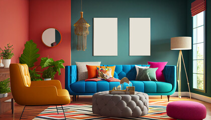 Mockup of blank photo frame hanging on the wall of a living room | Interior design of a living room with brightly colored walls, cozy sofas, pillows, armchairs, and textured rug | Generative Ai