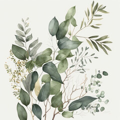 Watercolor - illustration with green gold leaves and branches, for wedding stationary, greetings, wallpapers, fashion, backgrounds, textures, DIY, wrappers, cards. Generative AI