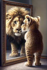 Kitten looks in the Mirror, sees a Lion. generative AI