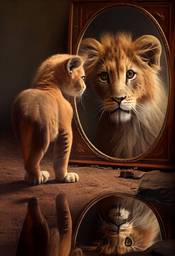 cat looking in mirror lion