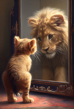 cat looking in mirror lion