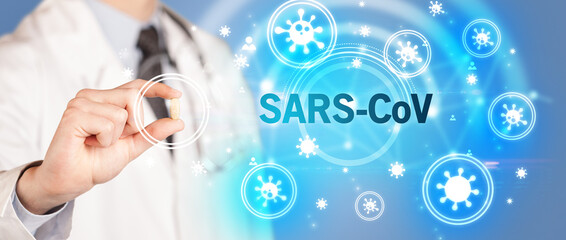 Doctor giving pill, virus concept