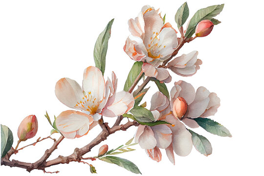 Blooming sprig of a fruit tree in spring, watercolor drawing on a white background. Generative AI.