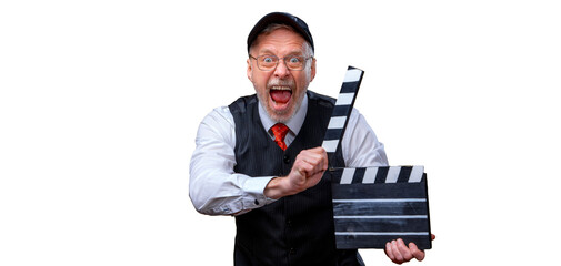 Senior man holds film flap close up. Film directing. Film production. Human emotions. Man with...