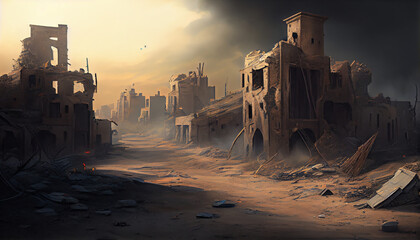 Fototapeta na wymiar View of destroyed city by war, generative ai
