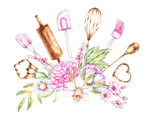 Watercolor composition of baking tools with floral bouquets of spring flowers