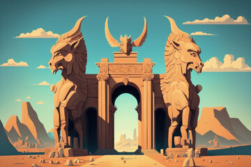 The gateway to the ancient city is guarded by winged bulls with broken skulls. At the entrance to Persepolis. City in ancient Persia close to Shiraz. Iran. Generative AI
