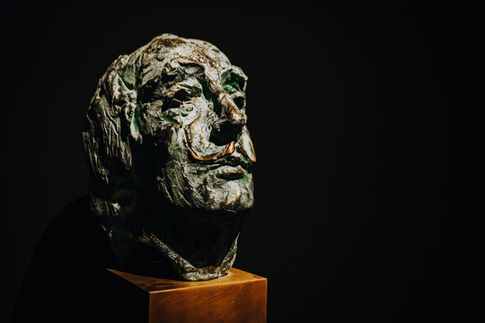 Prague, Czech - February 2023. Bronze Salvador Dali head exhibition in Central Gallery. Famous installation. Legend artist, painting, collection. 