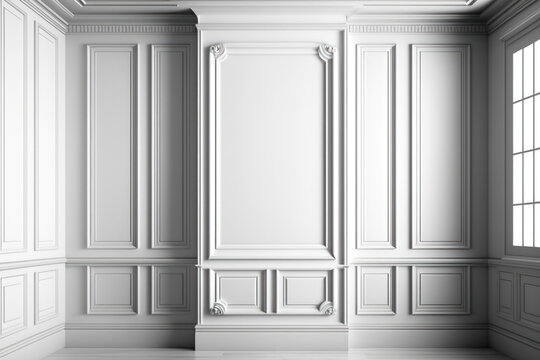 A traditional white wood panel wall. the internal joinery Background. Generative AI