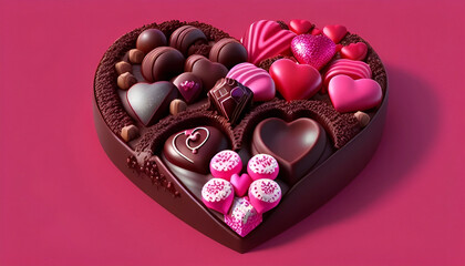  Chocolate heart shaped filled with heart shaped chocolate pralines as Valentines Day gift pink copy space background . 
