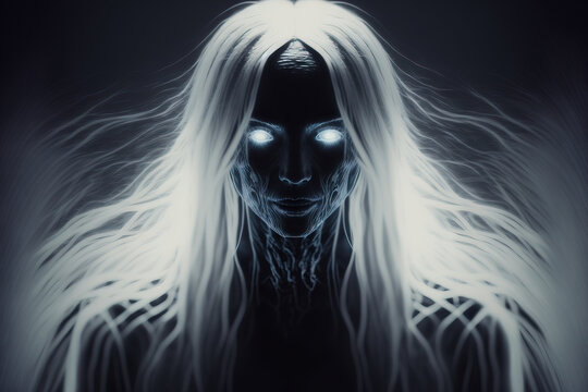 terrifying ghost image with long hair and a lengthy face. Generative AI