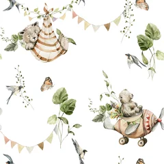 Watercolor nursery seamless pattern. Hand painted woodland set of cute baby animals in wild, airplane, bear, green leaves, forest greenery and flowers. illustration for baby textile, fabric, wallpaper © 60seconds