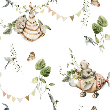 Fototapeta Watercolor nursery seamless pattern. Hand painted woodland set of cute baby animals in wild, airplane, bear, green leaves, forest greenery and flowers. illustration for baby textile, fabric, wallpaper