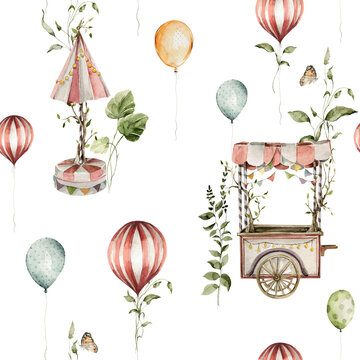 Watercolor nursery seamless pattern. Hand painted baby circus, balloons, greenery, isolated on white background. Iillustration for kids design, children print, background, textile, fabric, wallpaper