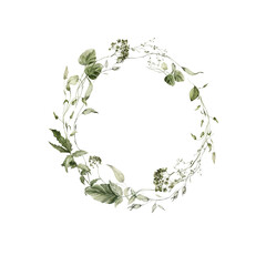 Watercolor floral wreath. Hand painted frame of forest greenery, wildflowers, herbs. Green leaves, branches, foliage isolated on white background. Botanical illustration for design, print, background