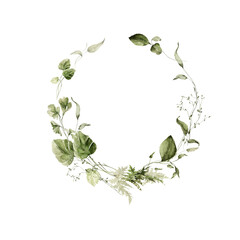 Watercolor floral wreath. Hand painted frame of forest greenery, wildflowers, herbs. Green leaves, branches, foliage isolated on white background. Botanical illustration for design, print, background
