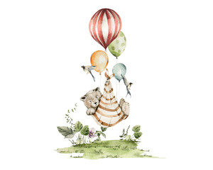 Watercolor nursery card. Hand painted woodland set of cute baby animals in wild, forest landscape, tree, bear, balloons. illustration for baby shower design, birthday party, newborn