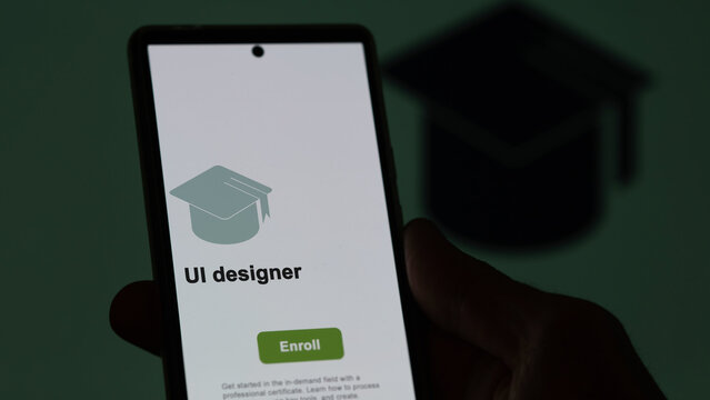 Formation en ligne UI designer. A student enrolls in courses to study, to learn a new skill and pass certification. Texte en anglais.