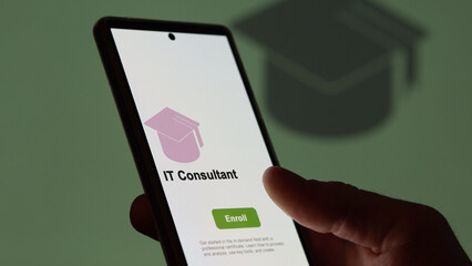 IT Consultant program. A student enrolls in courses to study, to learn a new skill and pass certification. Text in French