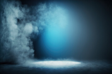 Abstract blue scene with no people. Background for display products with studio room with smoke floating up and product stage spotlights. Generative AI