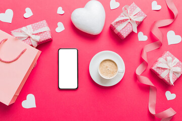 smart phone with coffee for Valentine day, gift box and envelope, hearts