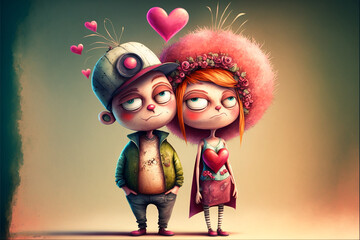 Fototapeta premium Whimsical illustration art Loving couple Valentine's day card. Generative Ai
