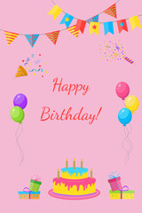Birthday card with cake, balloons, garlands and confetti on pink background. vector.