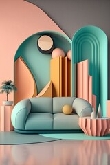 a minimalist, futuristic, colorful living room interior visualization with luxury textures and fresh pastel colors