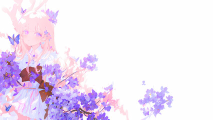 Fototapeta na wymiar Una joven rodeada de ramos de flores y mariposas, IA Generativa