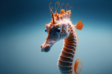 illustrative close up of a seahorse's orange and white face in blue water. Generative AI - obrazy, fototapety, plakaty