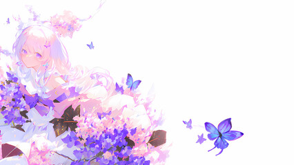 Obraz na płótnie Canvas Una joven rodeada de ramos de flores y mariposas, IA Generativa