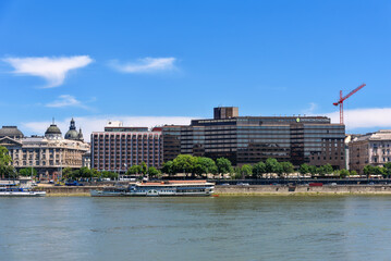 Budapest, Hungary - July 04, 2022:  Budapest, Hungary, Intercontinental hotel on Danube river - obrazy, fototapety, plakaty