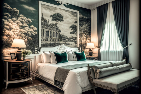 AUGUST 9, 2022 Double bed room with a French style décor, NAKHON RATCHASIMA, Thailand. Generative AI