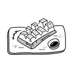 Delicacy mattak, a square of scored whale skin. Arctic food. Isolated vector image.