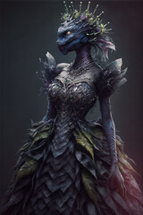 Fototapeta premium Dark queen of nightmares, a fantasy portrait of a stylish woman dressed in a beautiful dress. Generative AI illustration 