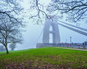 Clifton suspension Bridge in Bristol on a foggy day England